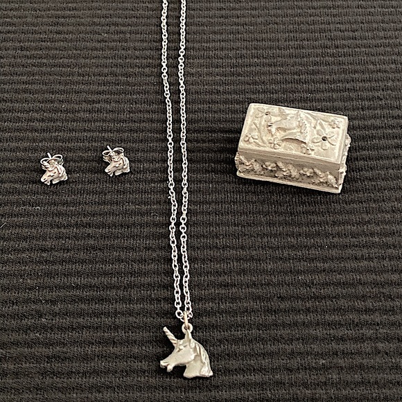 Vintage Torino Handcrafted Pewter Unicorn Box Pin Earrings Necklace Made in USA - Picture 1 of 9